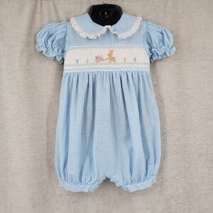 House of Hattan Vintage Smocked Bunny Blue Gingham Romper with Lace Collar